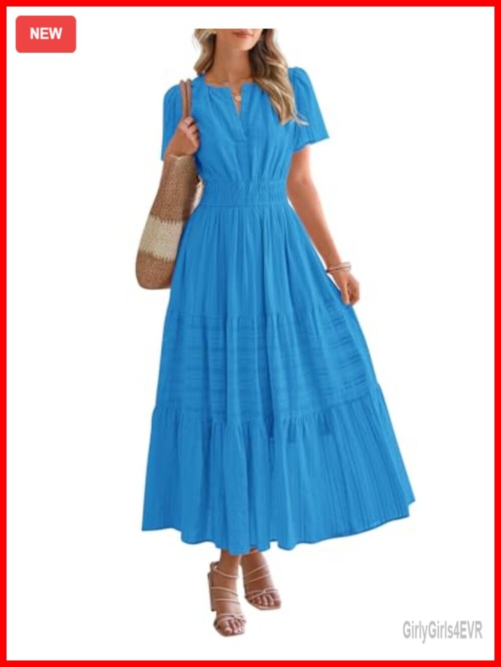 Summer Maxi Dress Short Sleeve V Neck Tiered Ruffle Boho Casual